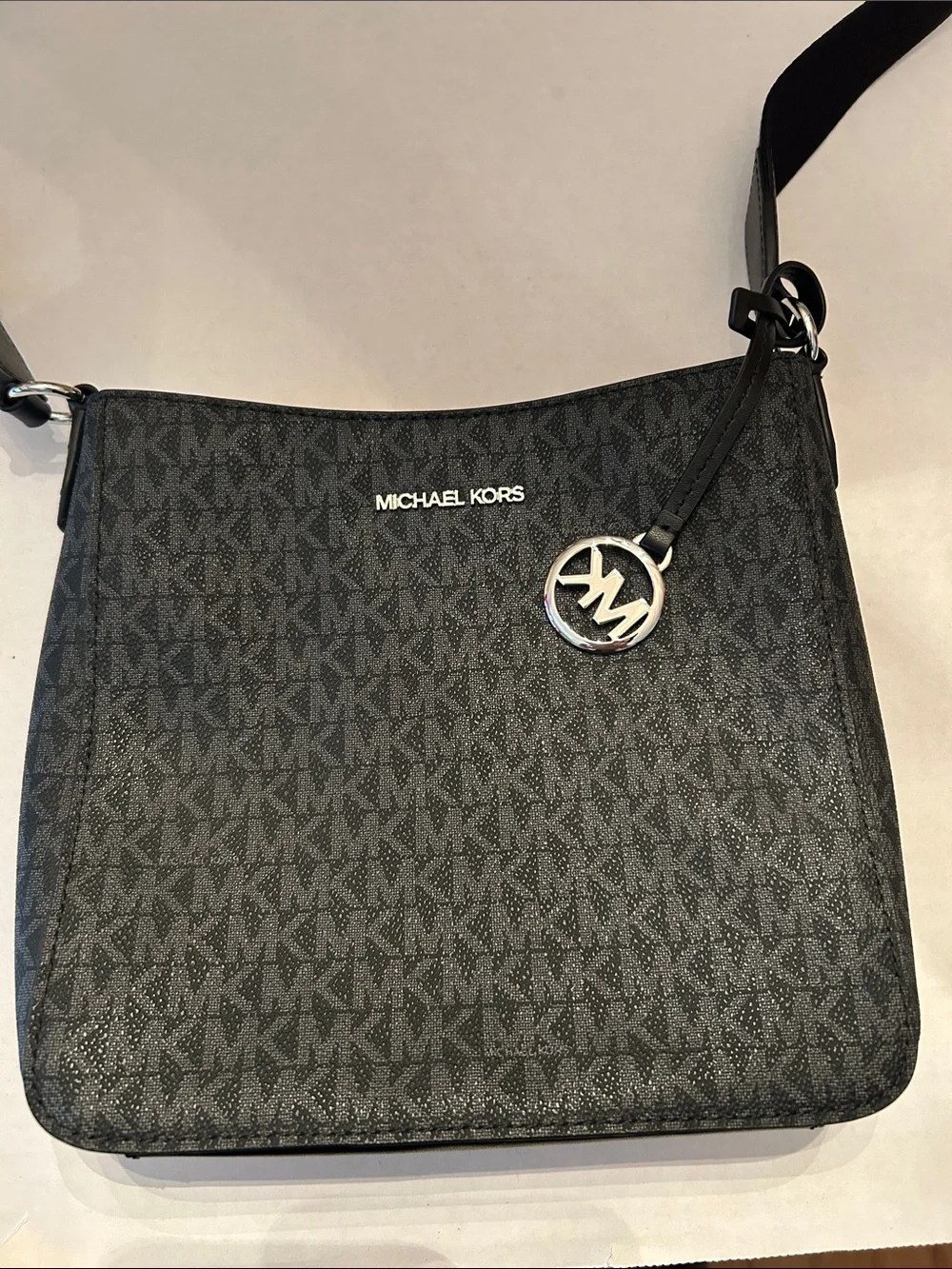 Michael Kors Black MK Signature Messenger Bag with Silver Charm